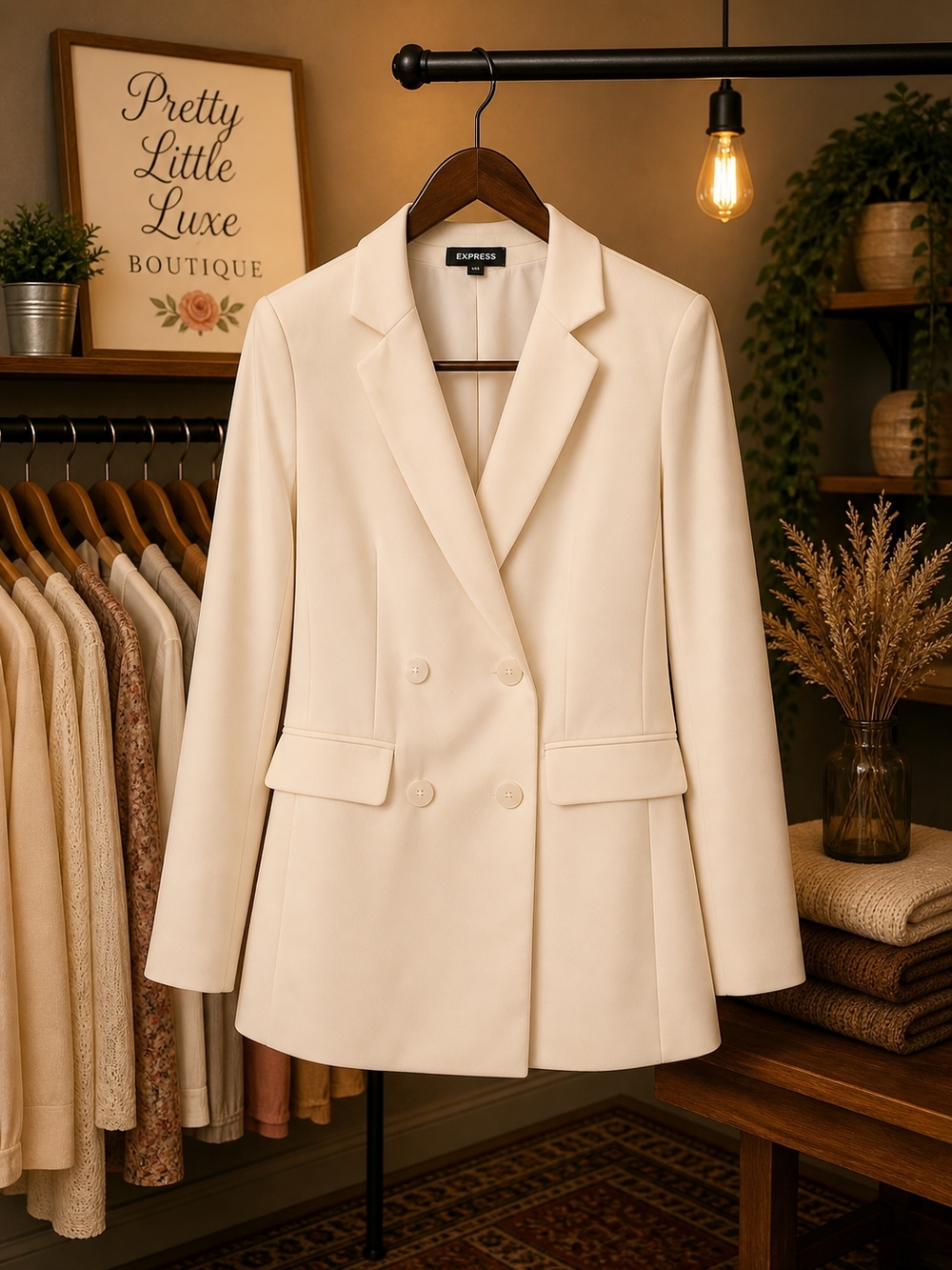 Express Cream Double-Breasted Tailored Blazer